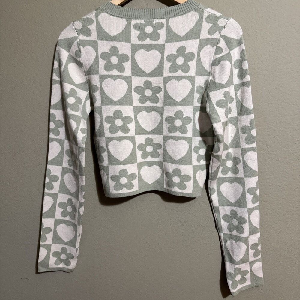 Dreamer Debut Size L Cropped Sweater Checkerboard Hearts & Flowers Green/White